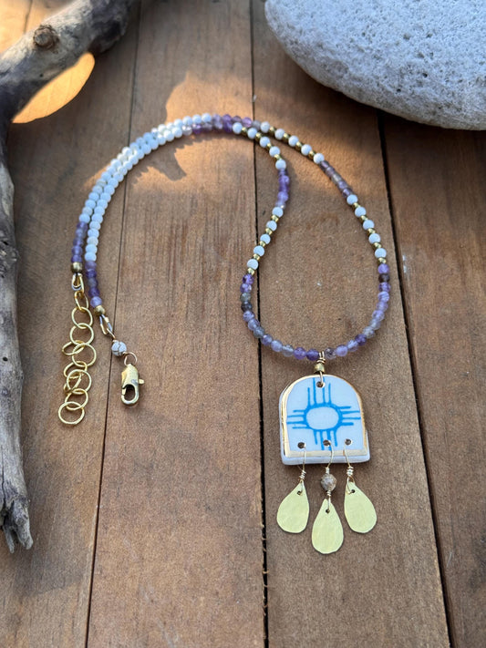 Ceramic Zia bead and Amethyst necklace, Land Of Enchantment beaded necklace