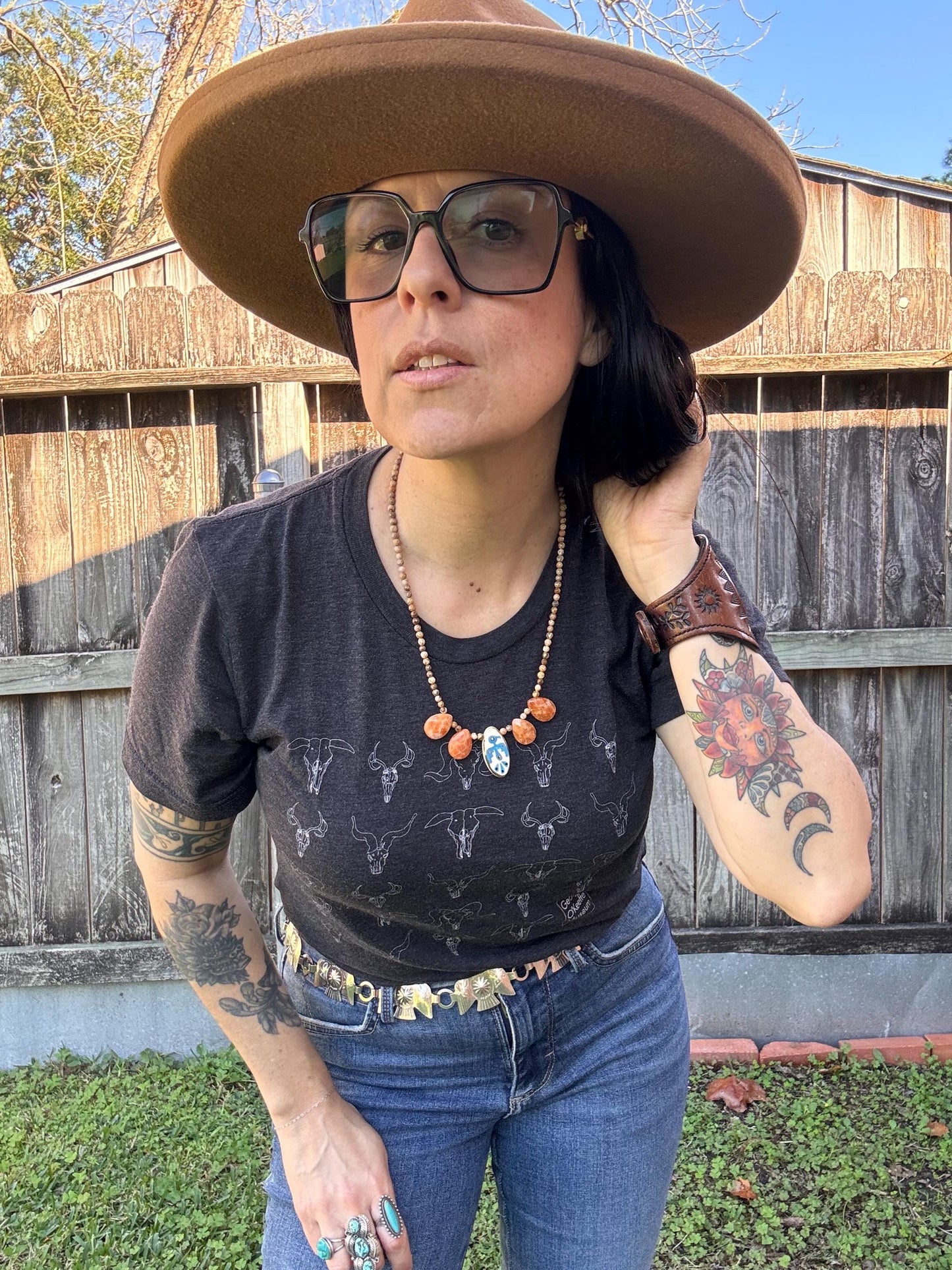 Handmade Ceramic Thunderbird Necklace: Orange Calcite & Picture Jasper