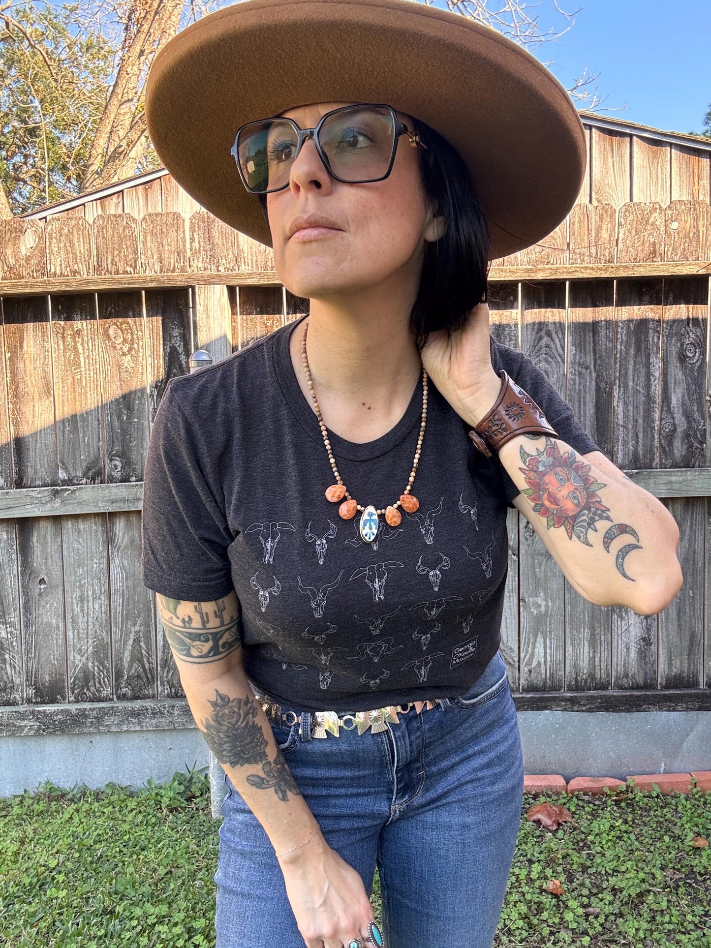 Handmade Ceramic Thunderbird Necklace: Orange Calcite & Picture Jasper