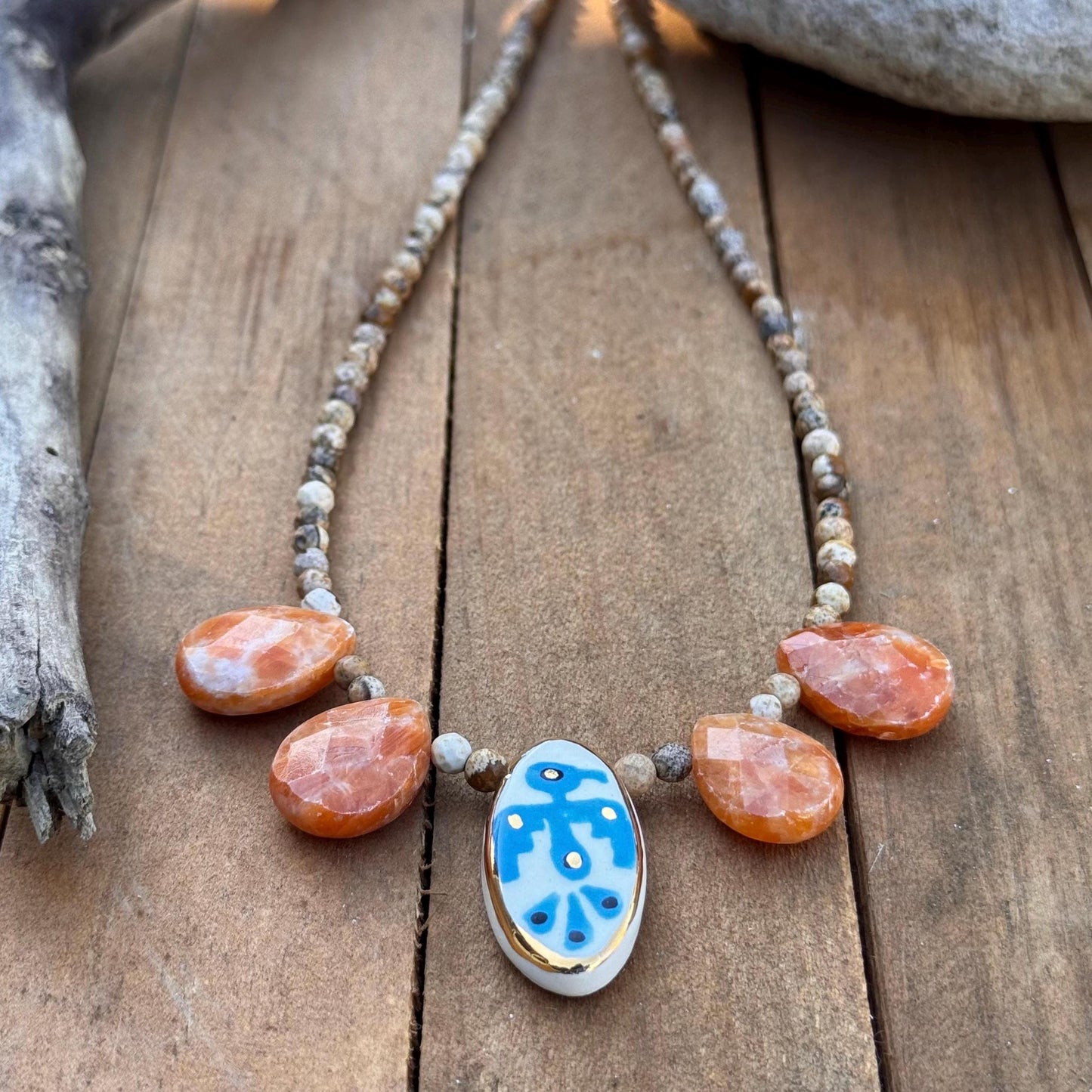 Handmade Ceramic Thunderbird Necklace: Orange Calcite & Picture Jasper