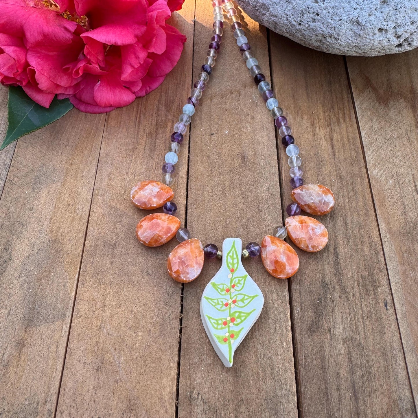 Handmade Ceramic Leaf Necklace: Orange Calcite & Fluorite Beaded Jewelry