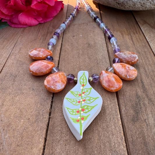 Handmade Ceramic Leaf Necklace: Orange Calcite & Fluorite Beaded Jewelry