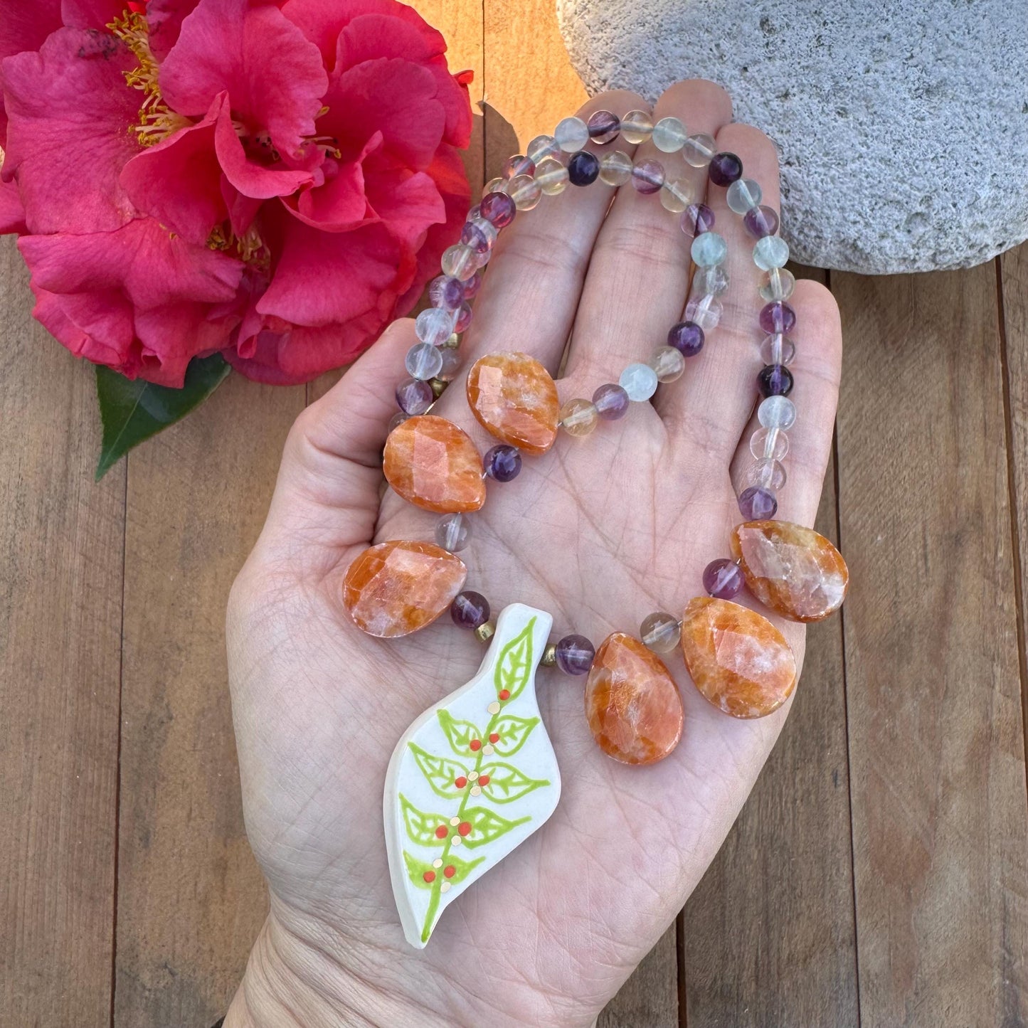 Handmade Ceramic Leaf Necklace: Orange Calcite & Fluorite Beaded Jewelry