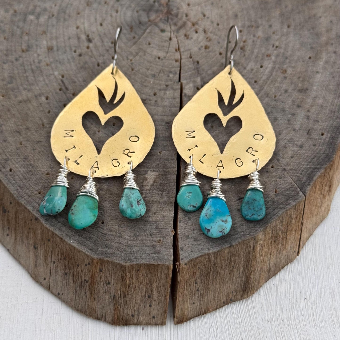 Hand Stamped Brass Milagro Heart Earrings with Genuine Turquoise