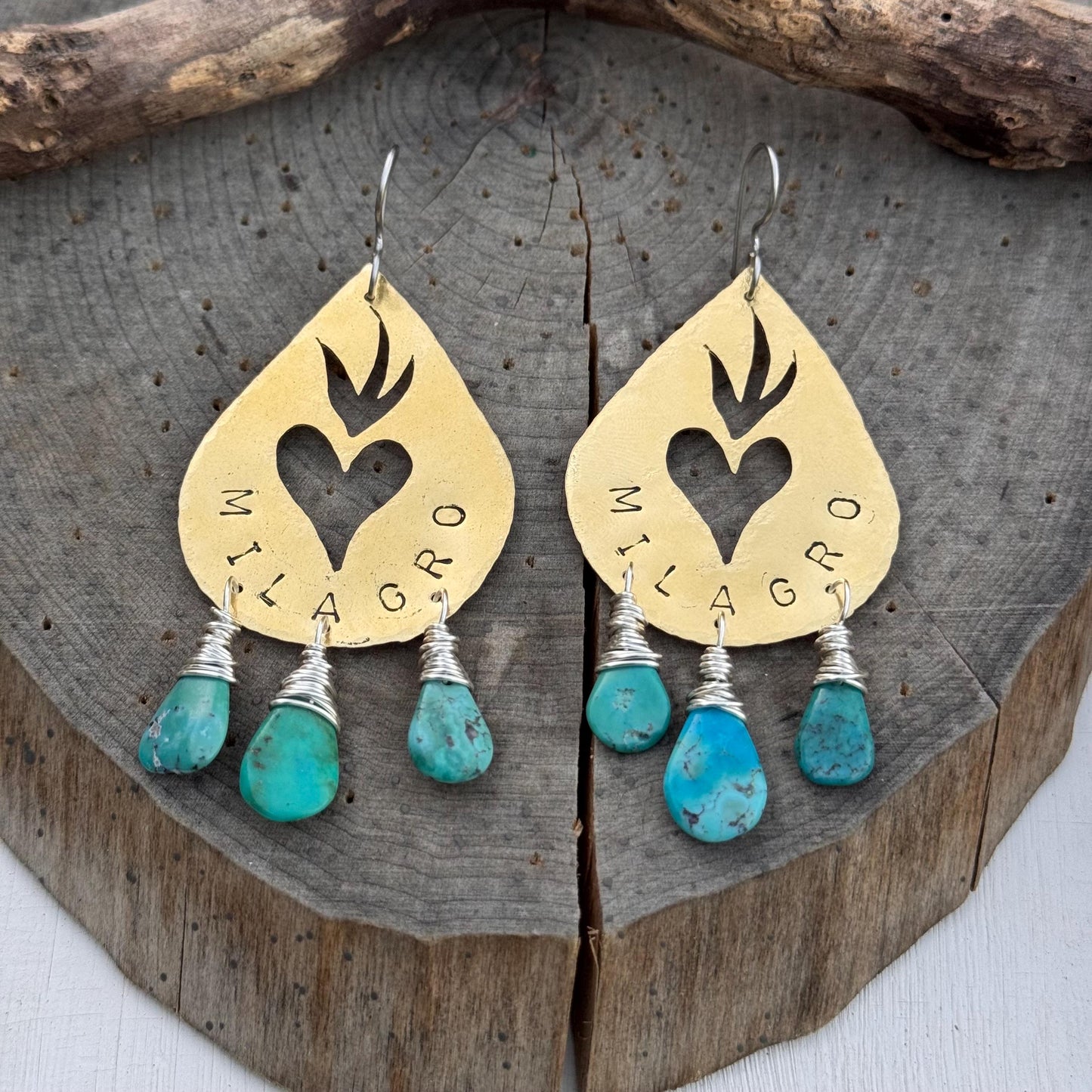 Hand Stamped Brass Milagro Heart Earrings with Genuine Turquoise