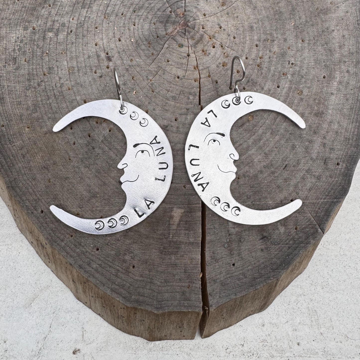 Hand Stamped La Luna Earrings: Crescent Moon Face, Stainless Steel