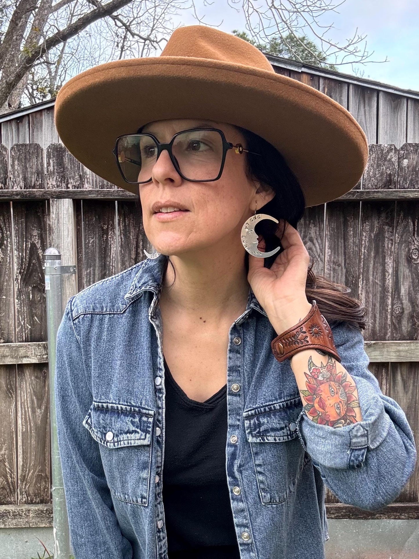 Hand Stamped La Luna Earrings: Crescent Moon Face, Stainless Steel