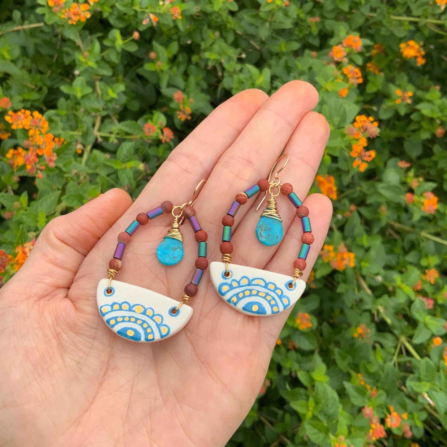Handmade Southwestern Ceramic Turquoise Drop Earrings: Folk Jewelry