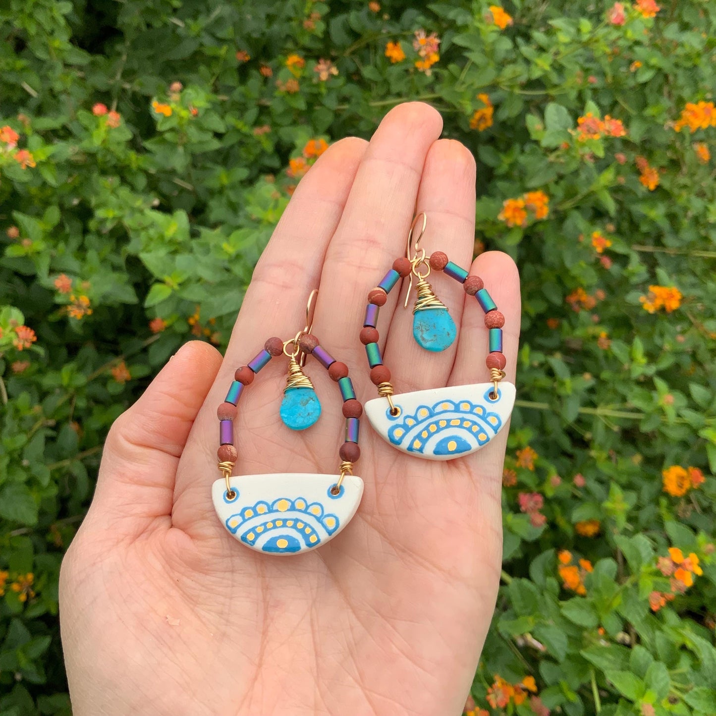 Handmade Southwestern Ceramic Turquoise Drop Earrings: Folk Jewelry