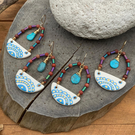 Handmade Southwestern Ceramic Turquoise Drop Earrings: Folk Jewelry