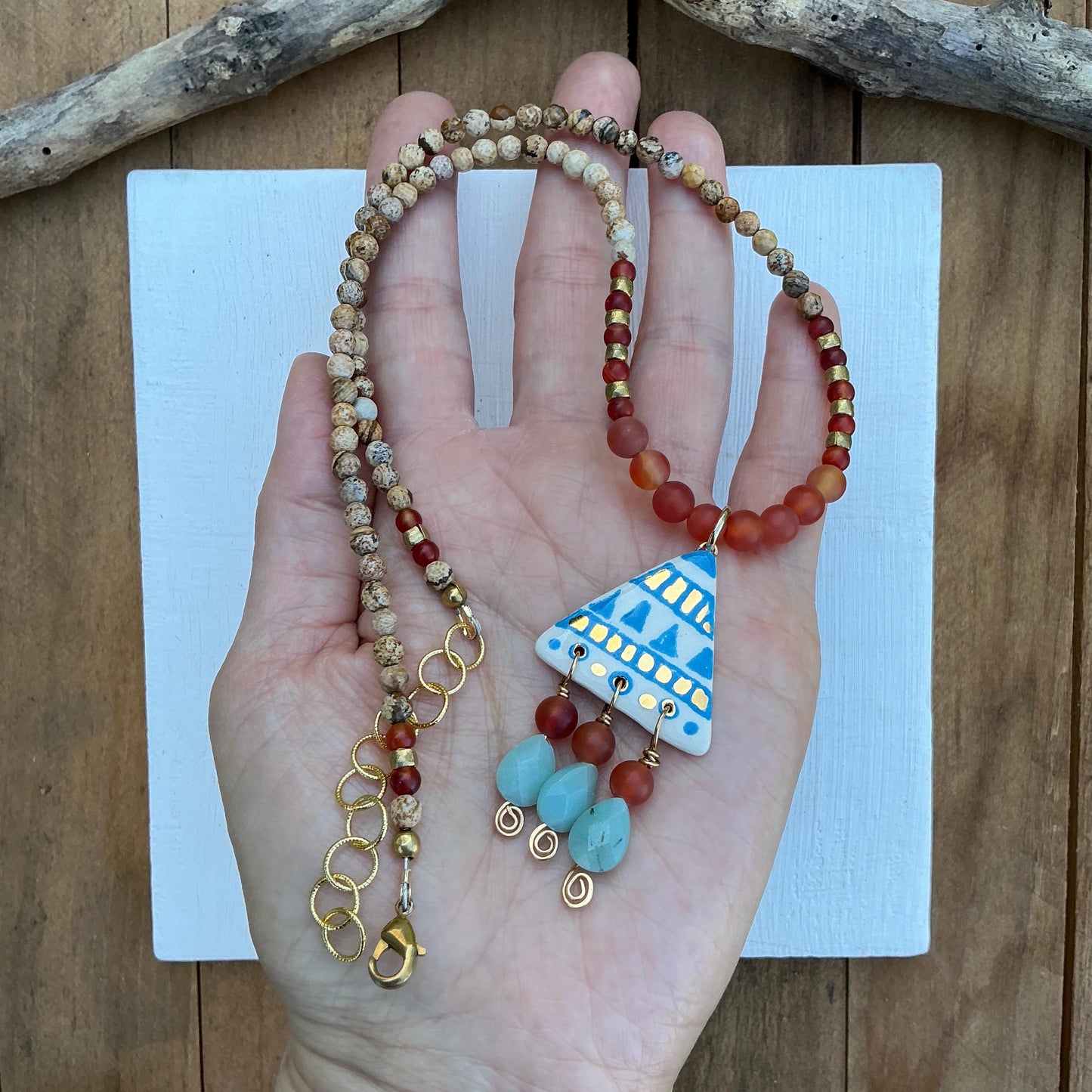 Handmade Tribal Ceramic Bead Necklace: Amazonite & Carnelian
