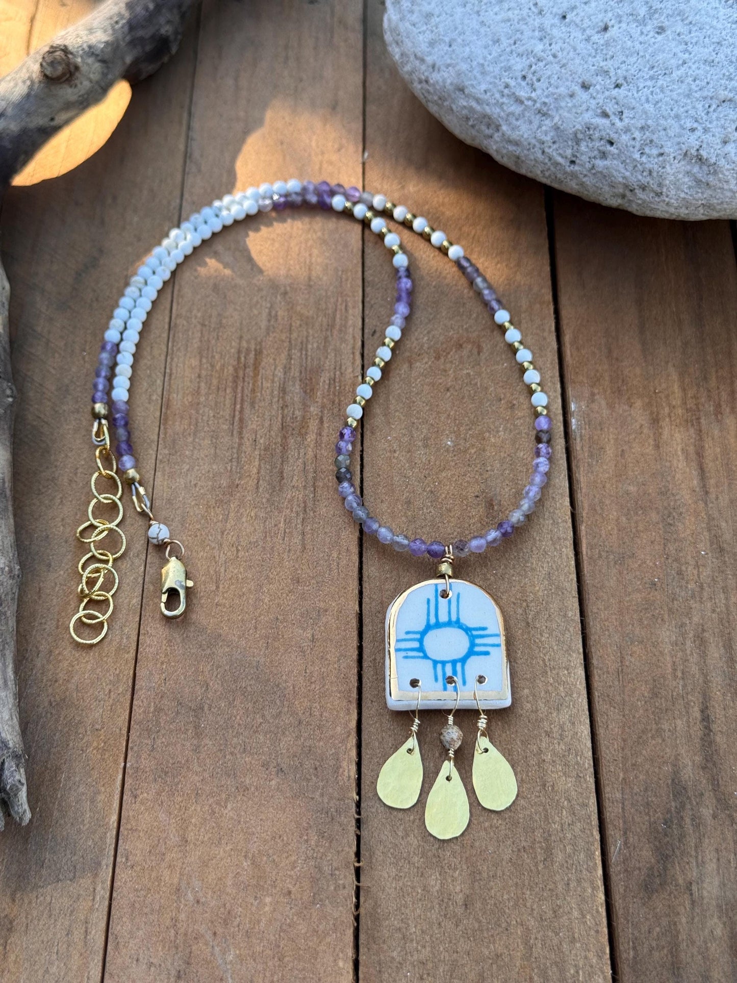 Ceramic Zia bead and Amethyst necklace, Land Of Enchantment beaded necklace