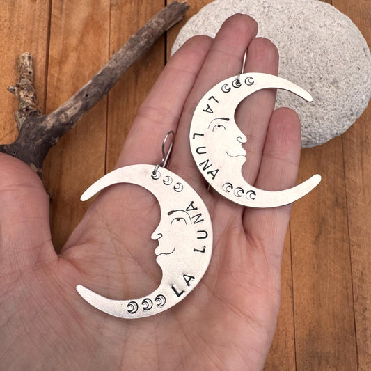 Hand Stamped La Luna Earrings: Crescent Moon Face, Stainless Steel