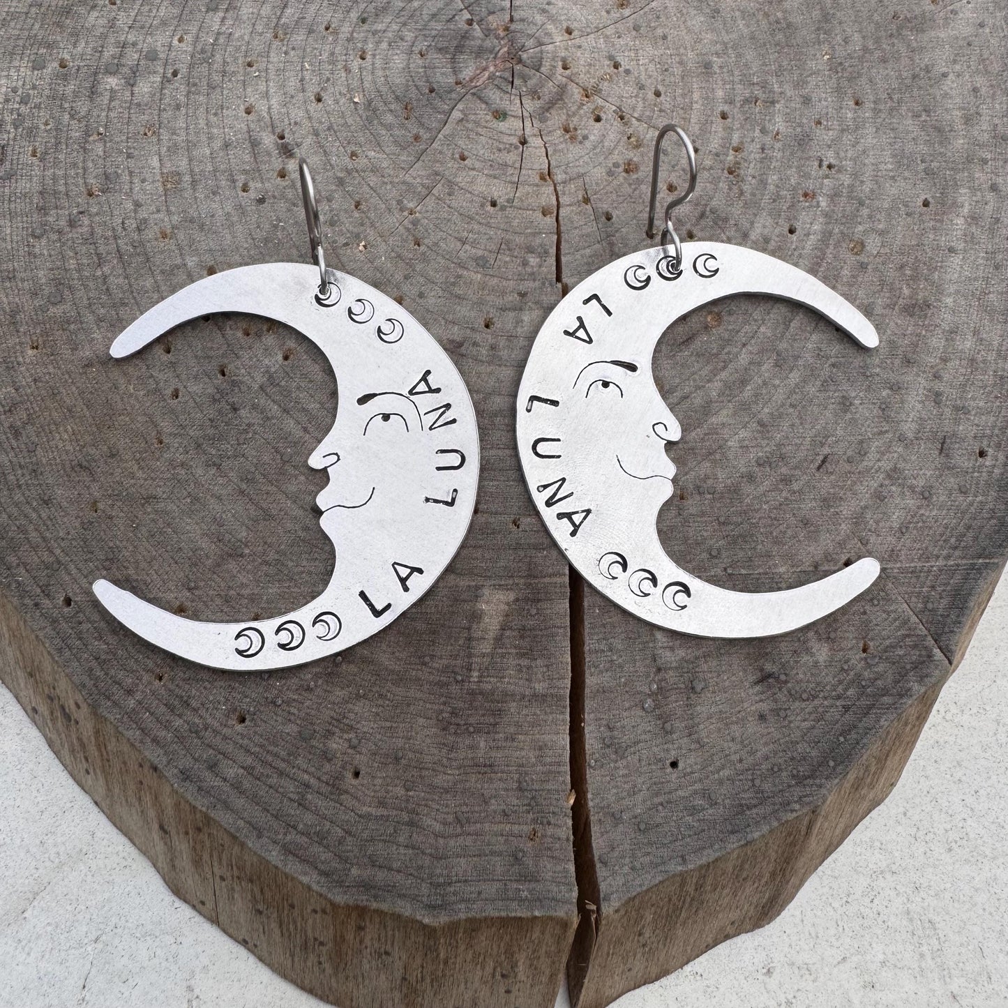 Hand Stamped La Luna Earrings: Crescent Moon Face, Stainless Steel