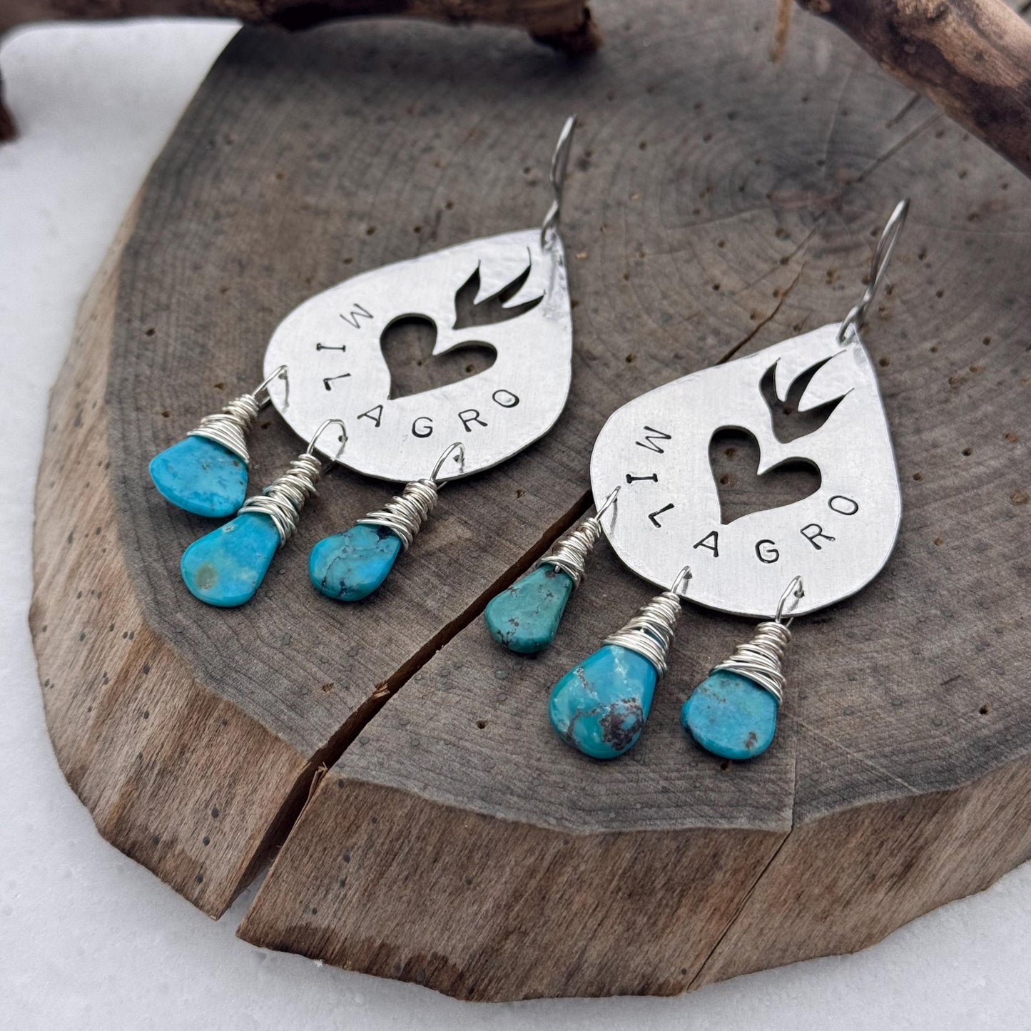 Hand Stamped Brass Milagro Heart Earrings with Genuine Turquoise