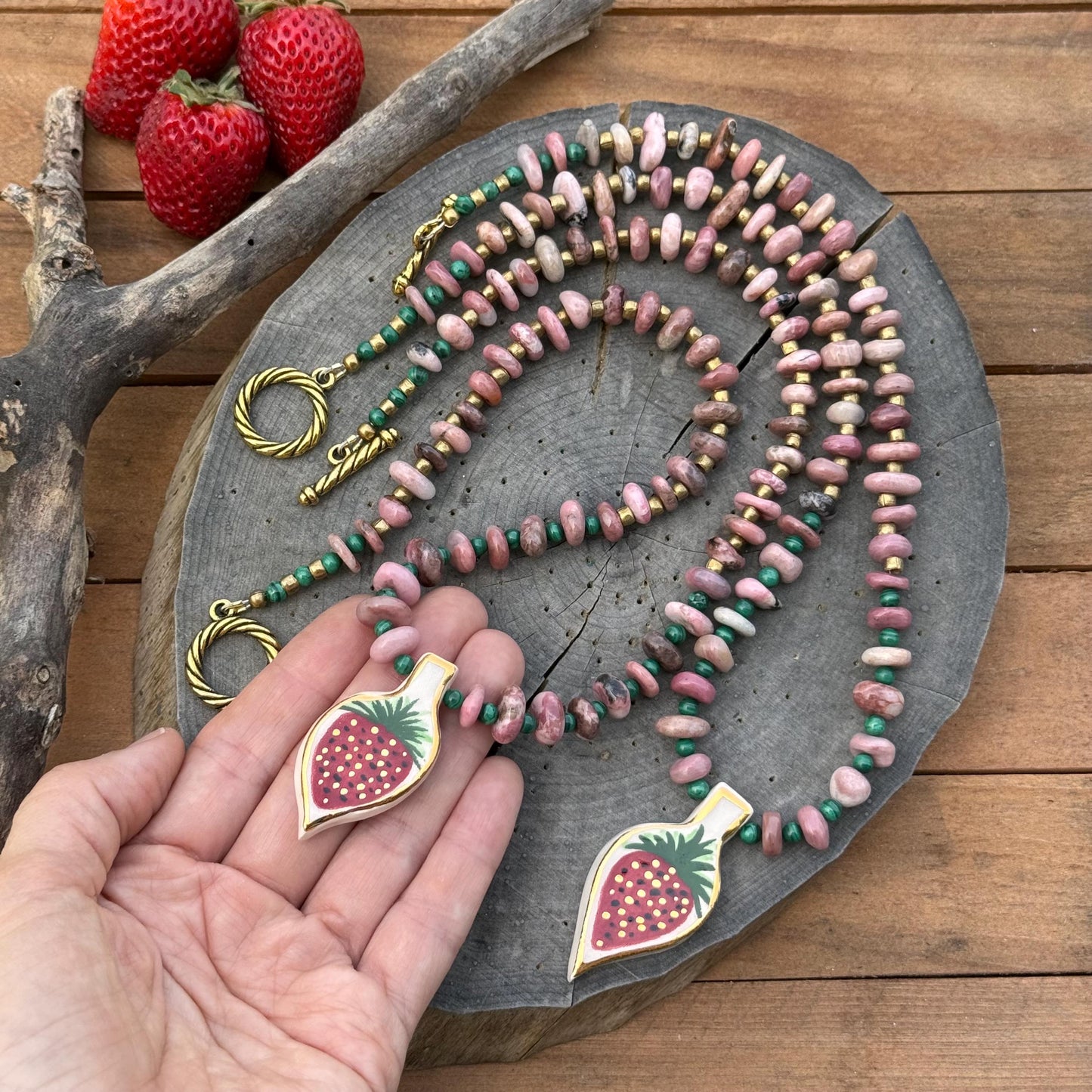 Ceramic strawberry and Rhodonite necklace , beaded ceramic Berry and Malachite pendant necklace, fresh strawberry pendant necklace