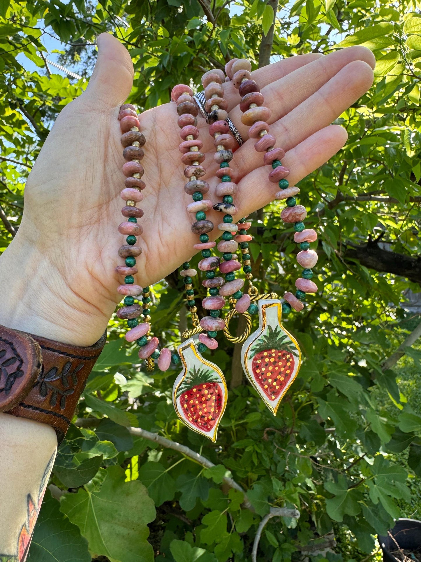 Ceramic strawberry and Rhodonite necklace , beaded ceramic Berry and Malachite pendant necklace, fresh strawberry pendant necklace