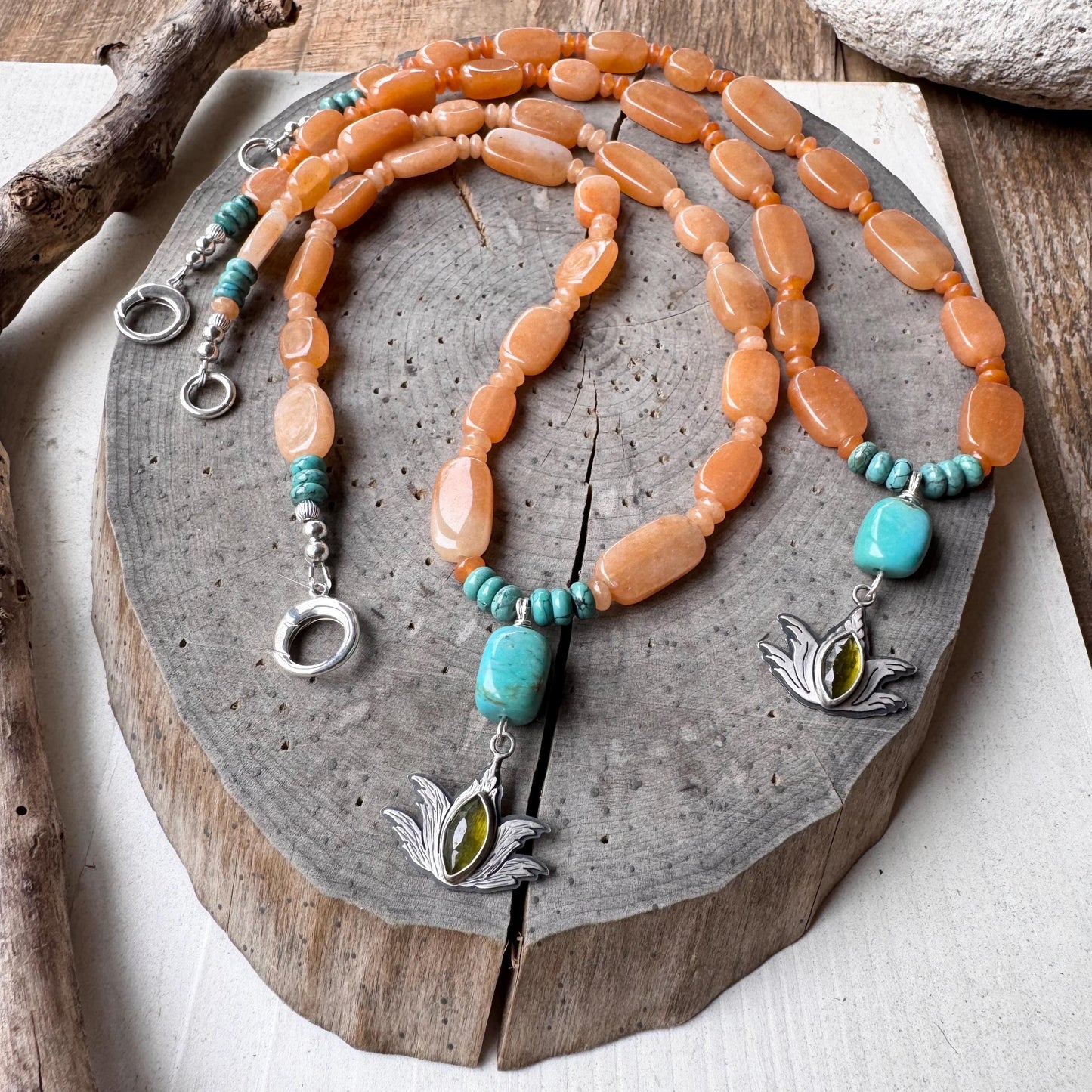 Sterling Silver Agave Charm Necklace: Green Garnet, Peach Aventurine & Turquoise
