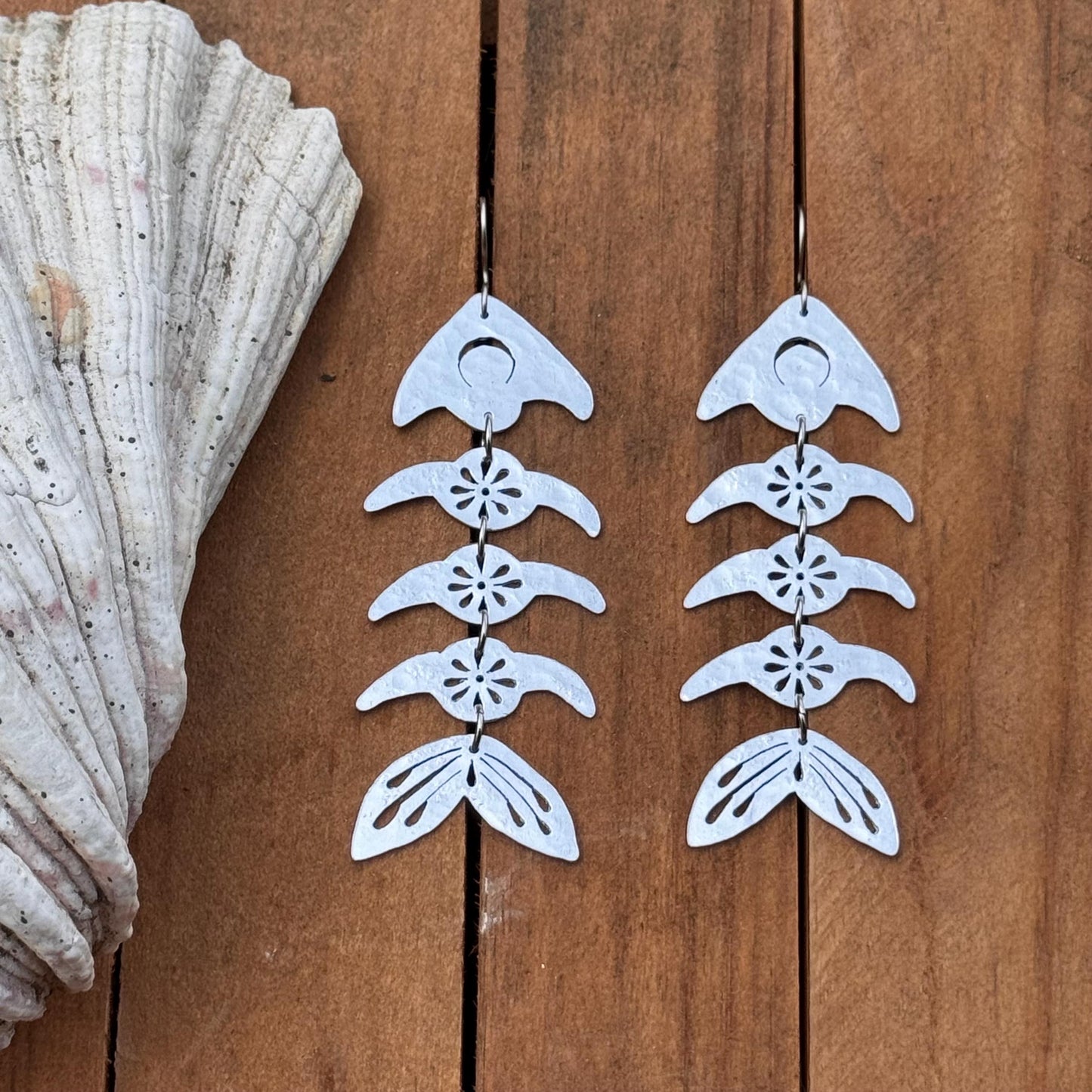 Handmade Fish Bone Earrings: Sawn Aluminum, Brass, or Copper