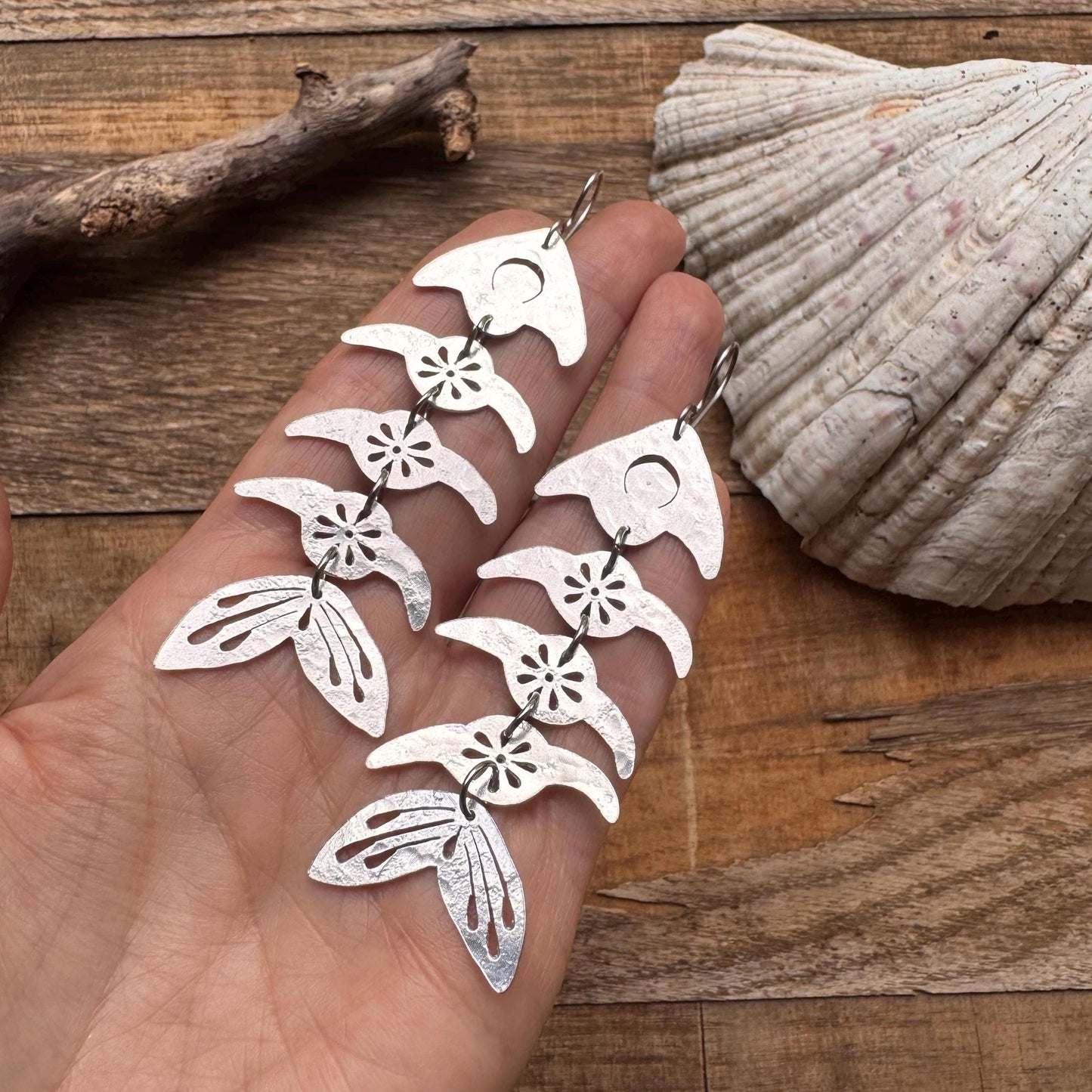 Handmade Fish Bone Earrings: Sawn Aluminum, Brass, or Copper