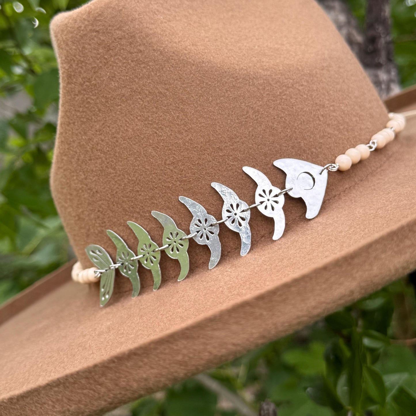 Handmade Fish Skeleton Hat Band: Aluminum, Coral & Wood Beads