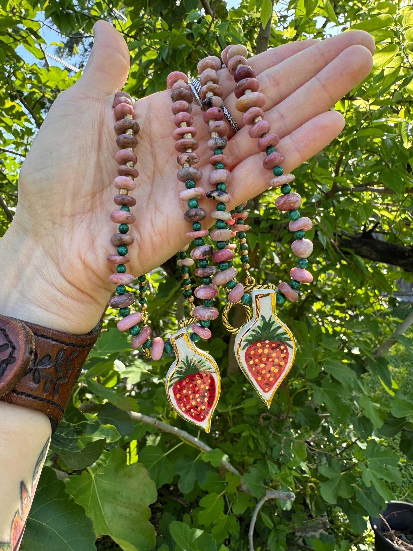 Ceramic strawberry and Rhodonite necklace , beaded ceramic Berry and Malachite pendant necklace, fresh strawberry pendant necklace