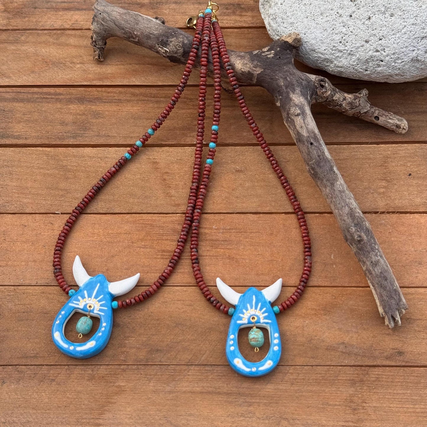 Handmade Southwestern Ceramic Horned Bead Necklace: Agate & Turquoise