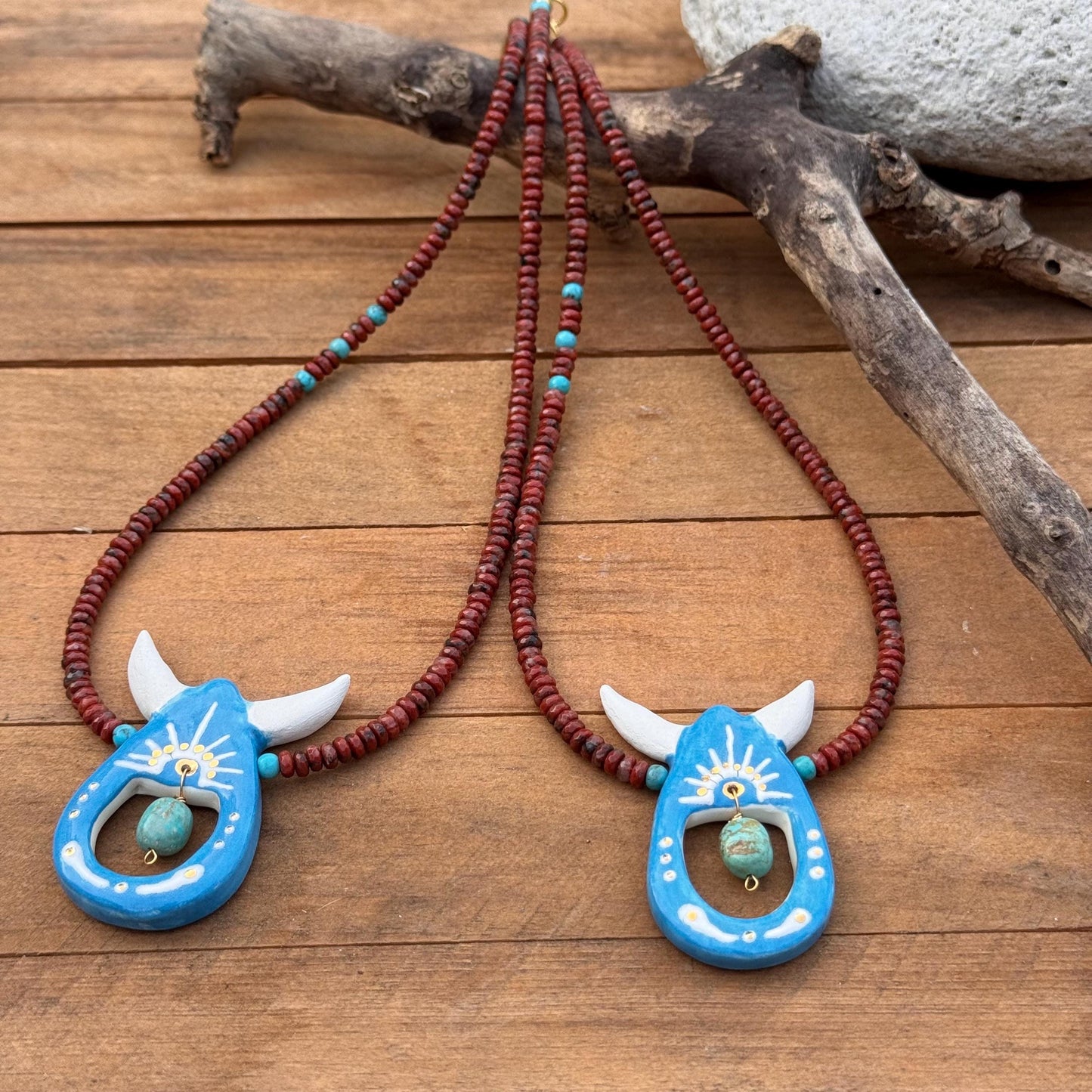 Handmade Southwestern Ceramic Horned Bead Necklace: Agate & Turquoise