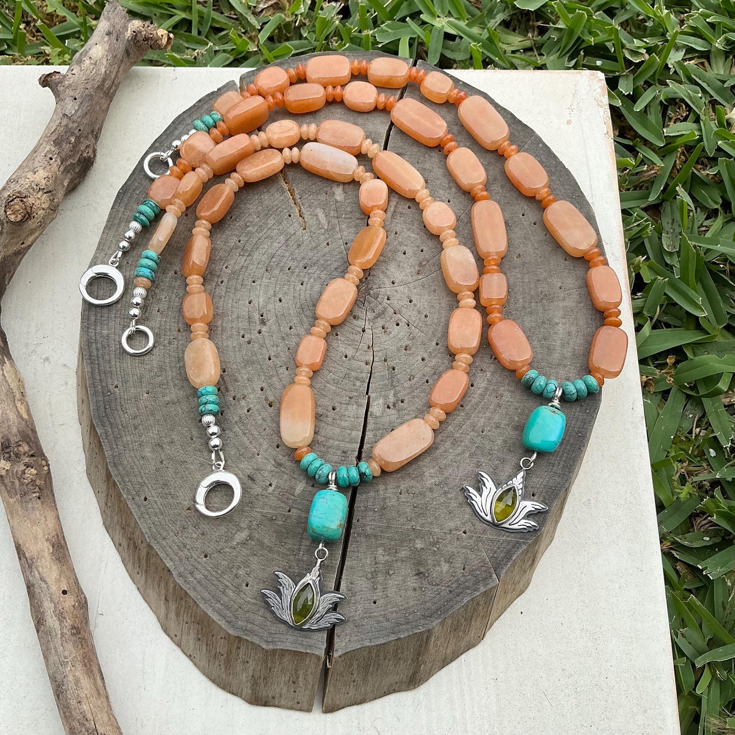 Sterling Silver Agave Charm Necklace: Green Garnet, Peach Aventurine & Turquoise