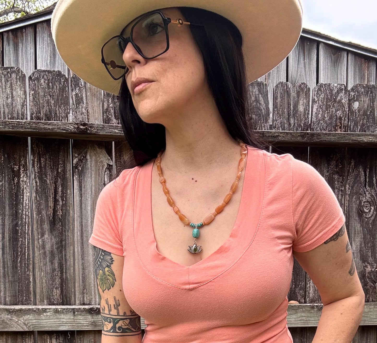 Sterling Silver Agave Charm Necklace: Green Garnet, Peach Aventurine & Turquoise