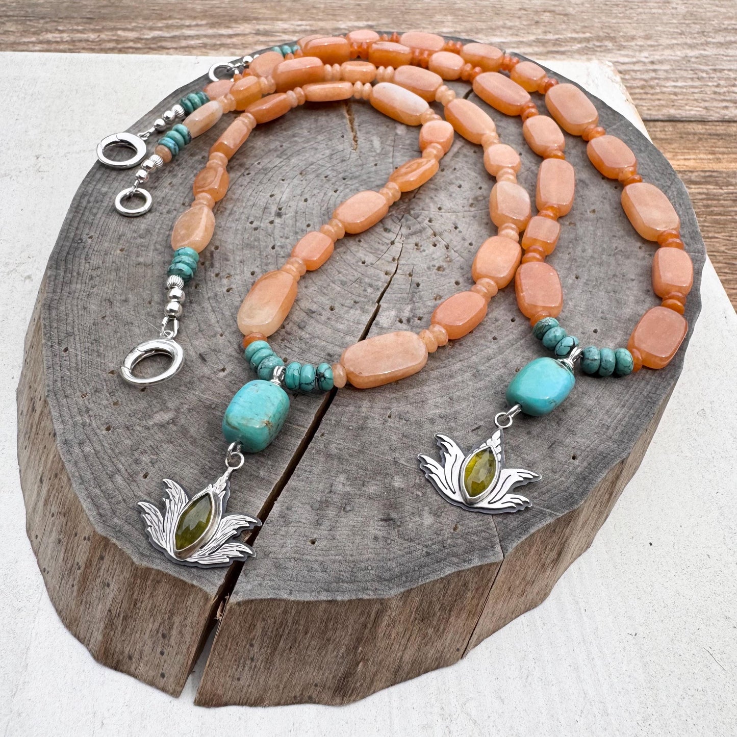Sterling Silver Agave Charm Necklace: Green Garnet, Peach Aventurine & Turquoise