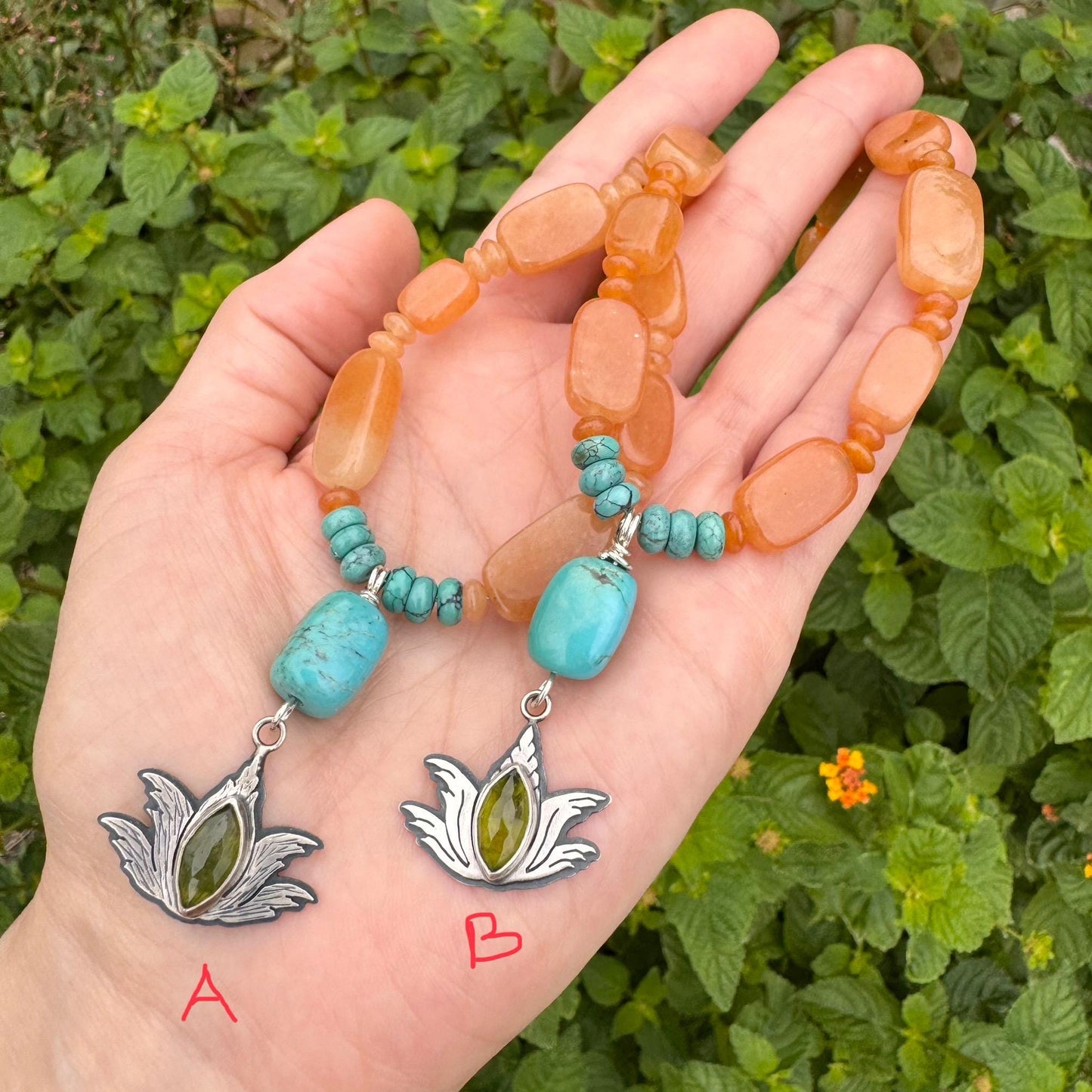 Sterling Silver Agave Charm Necklace: Green Garnet, Peach Aventurine & Turquoise