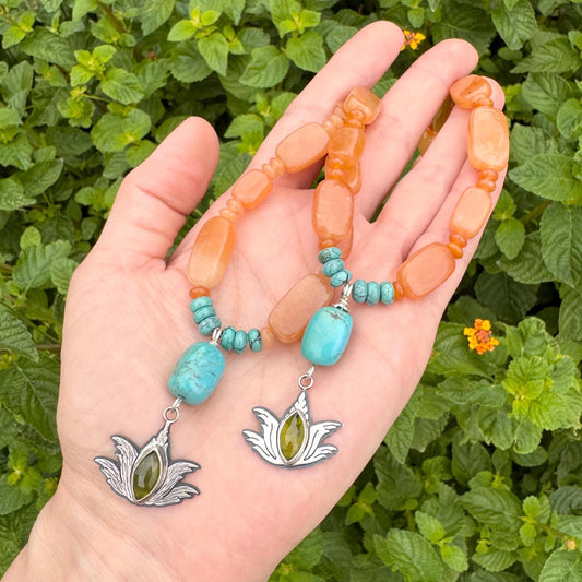 Sterling Silver Agave Charm Necklace: Green Garnet, Peach Aventurine & Turquoise