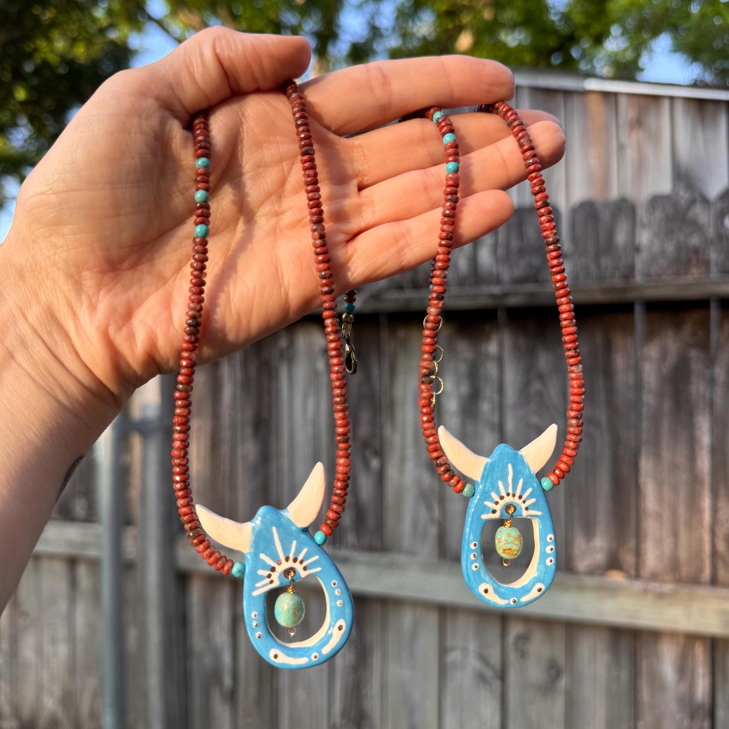 Handmade Southwestern Ceramic Horned Bead Necklace: Agate & Turquoise