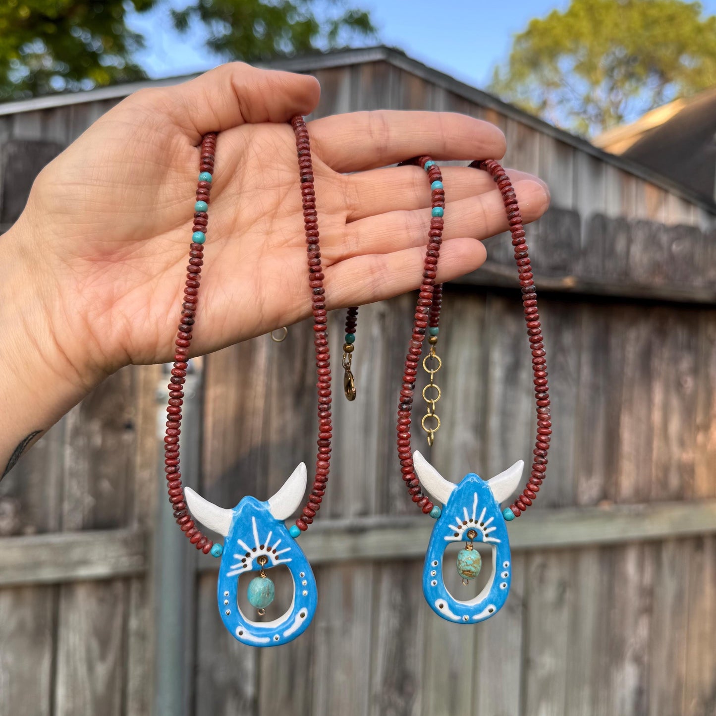 Handmade Southwestern Ceramic Horned Bead Necklace: Agate & Turquoise