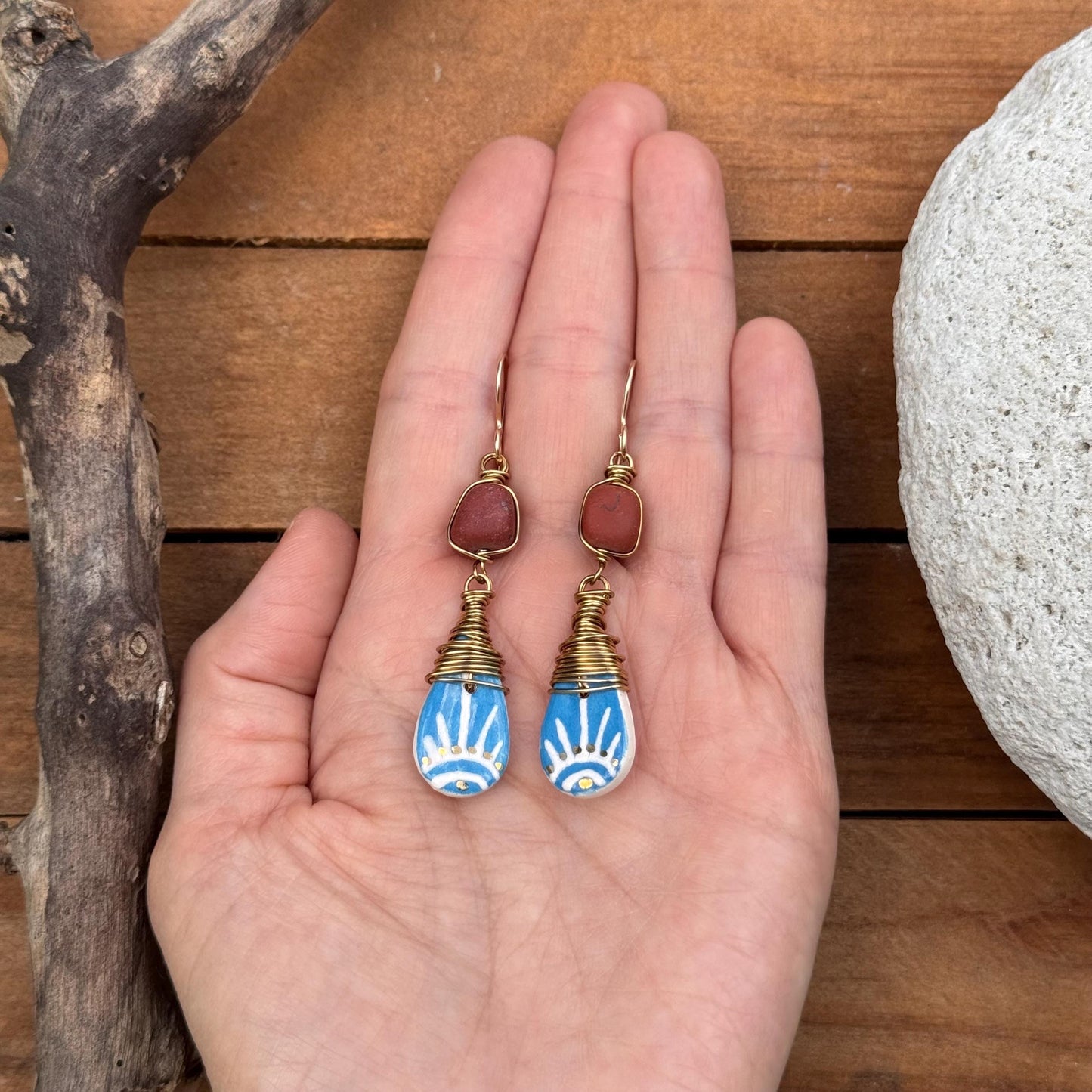 Ceramic Sol Azul and Matte Red Japer earrings, wire wrapped southwestern style earrings