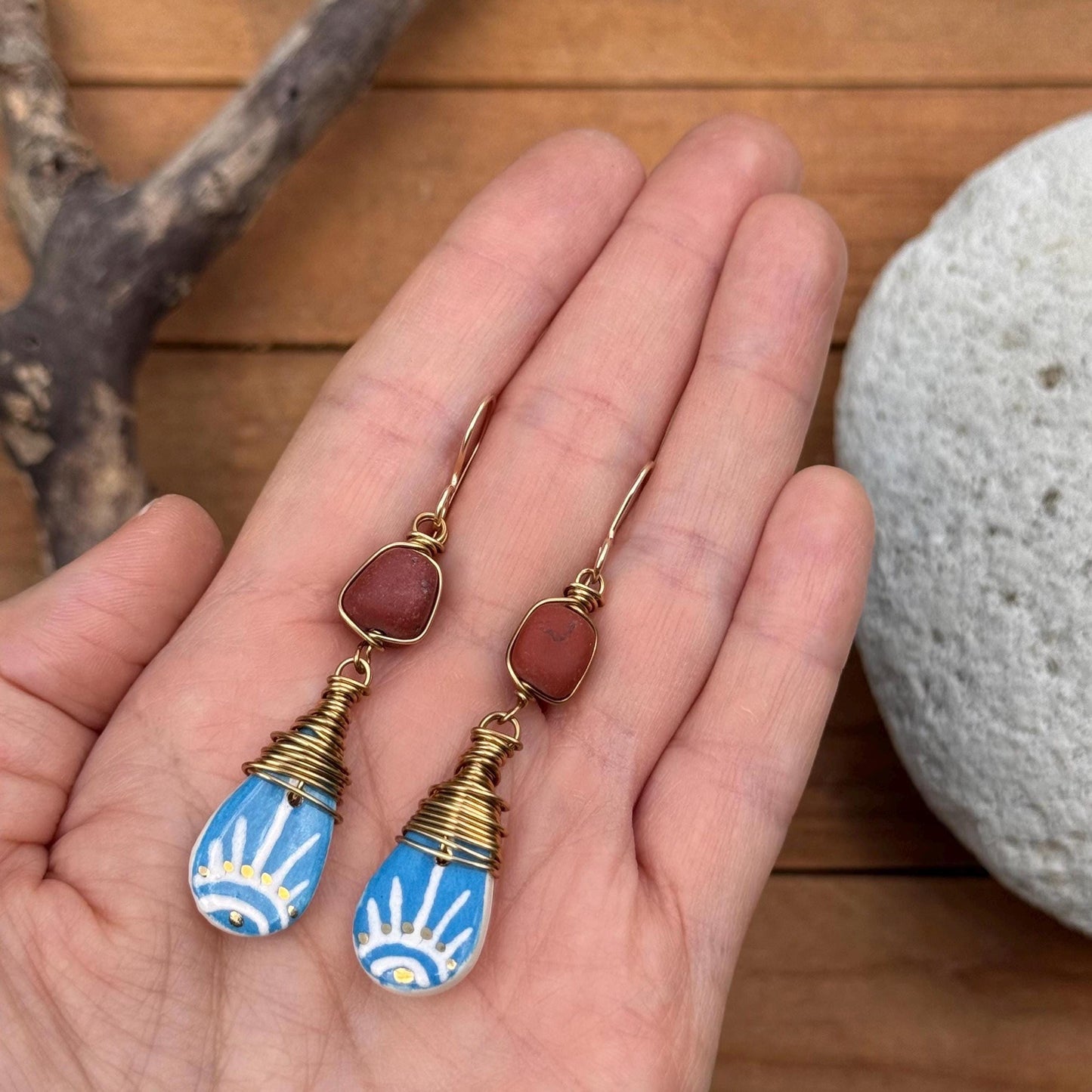 Ceramic Sol Azul and Matte Red Japer earrings, wire wrapped southwestern style earrings