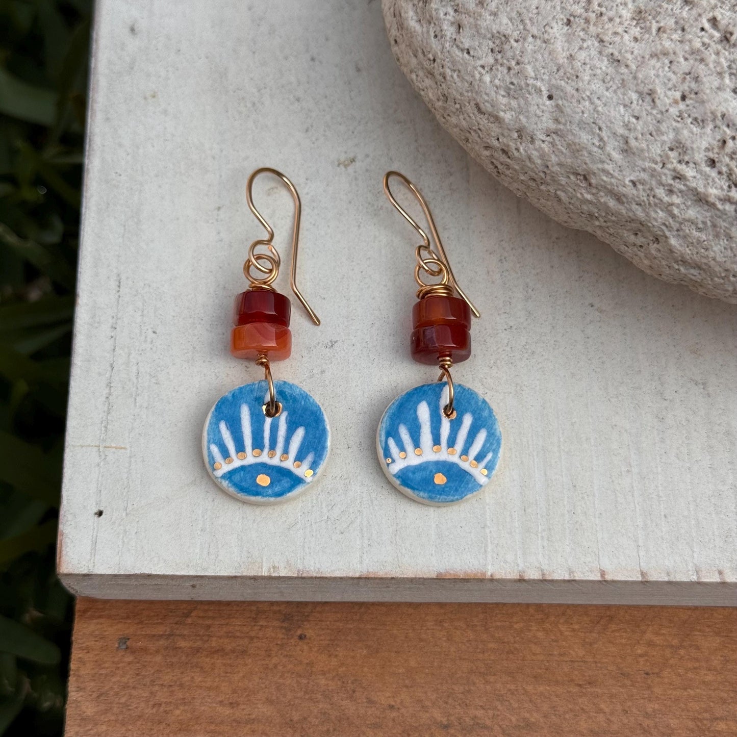 Ceramic & Orange Agate Drop Earrings: Southwestern Style, Gold Filled Hooks