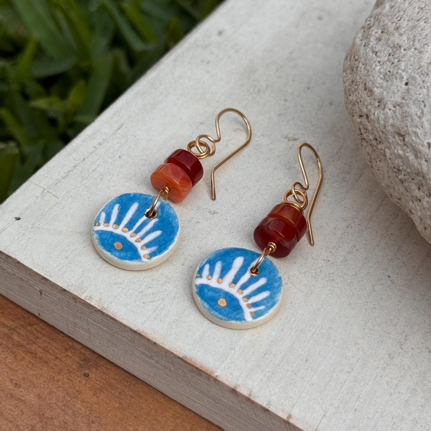 Ceramic & Orange Agate Drop Earrings: Southwestern Style, Gold Filled Hooks