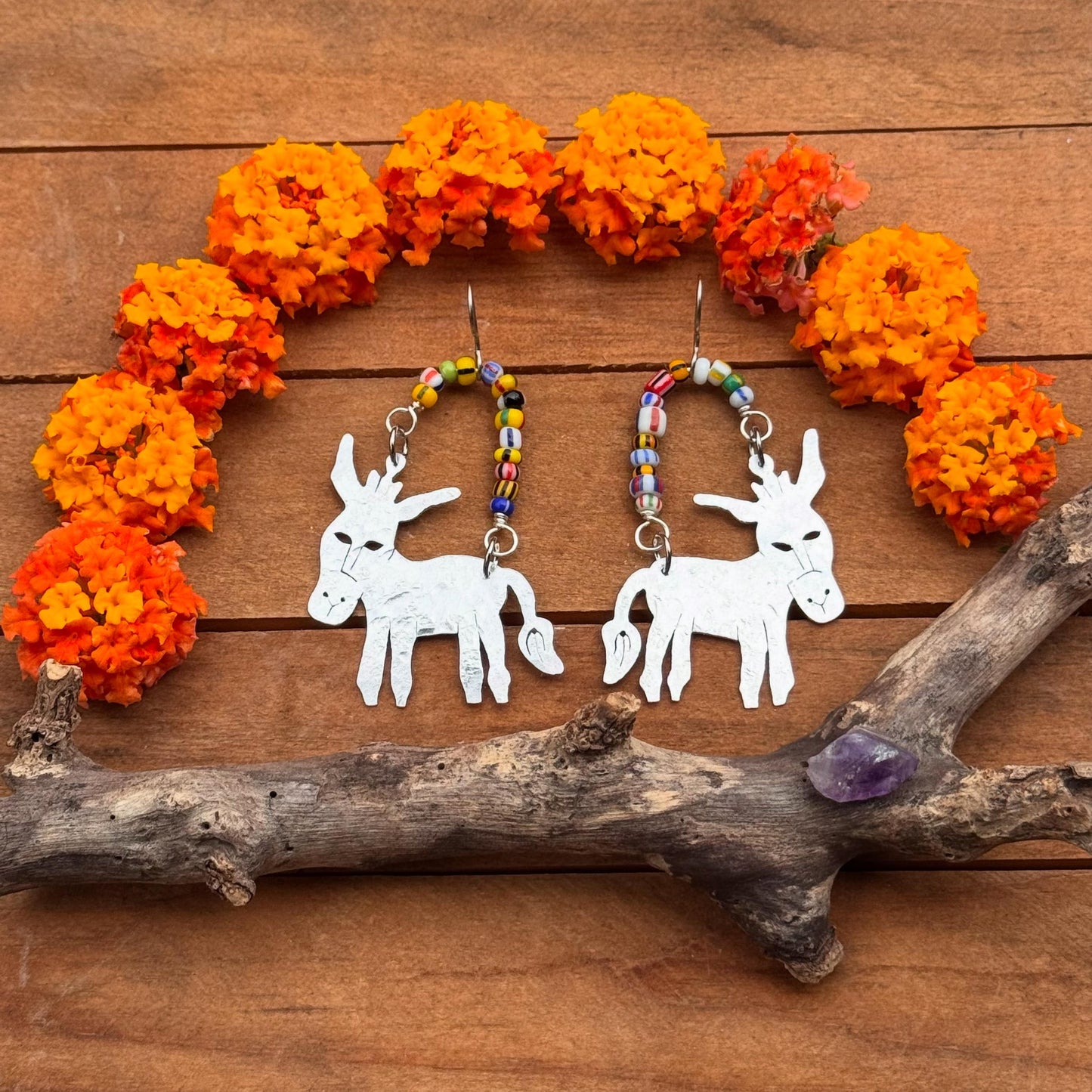 Handmade Celestial Donkey Earrings: Aluminum & Rainbow Glass Beads