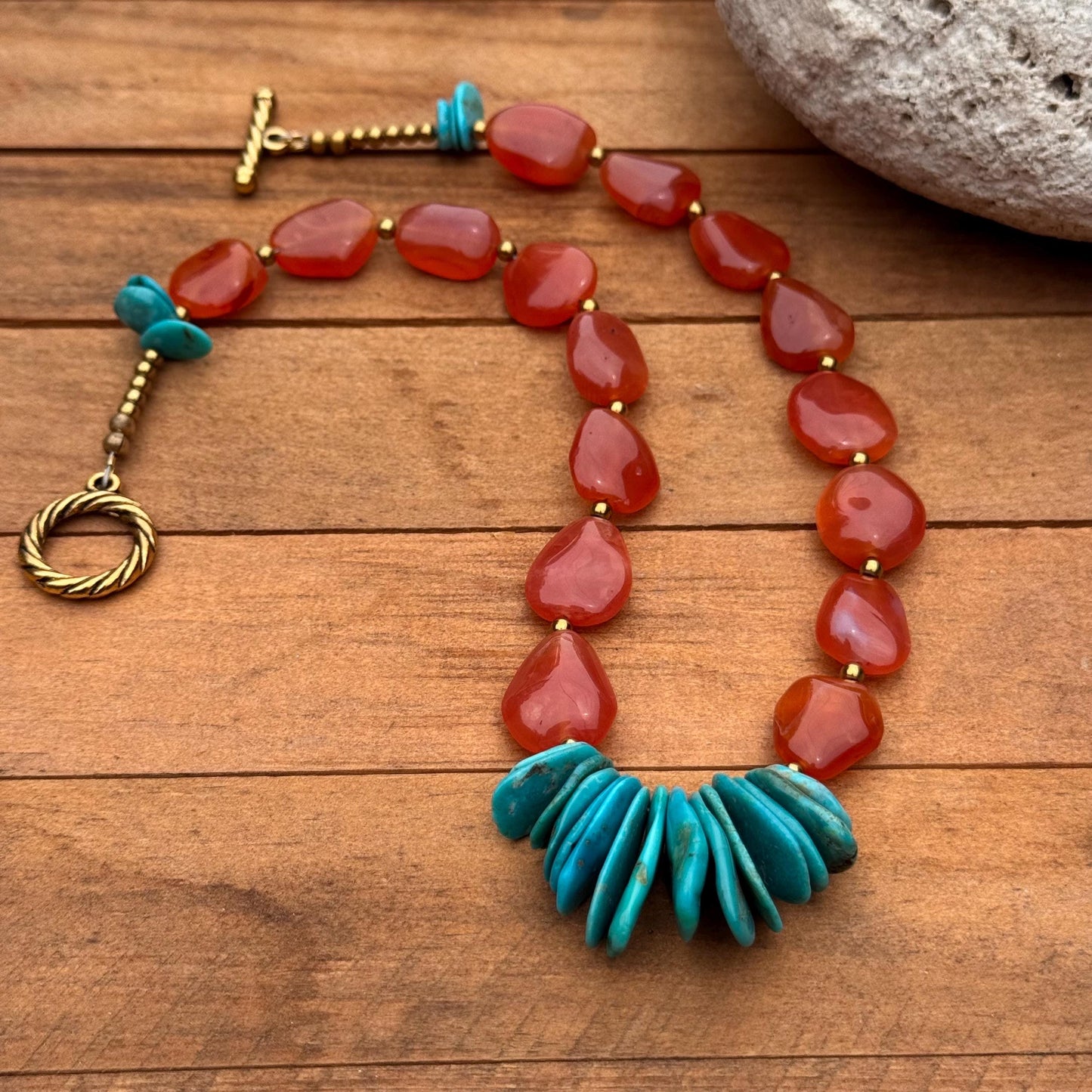 Genuine turquoise cluster and orange chalcedony necklace