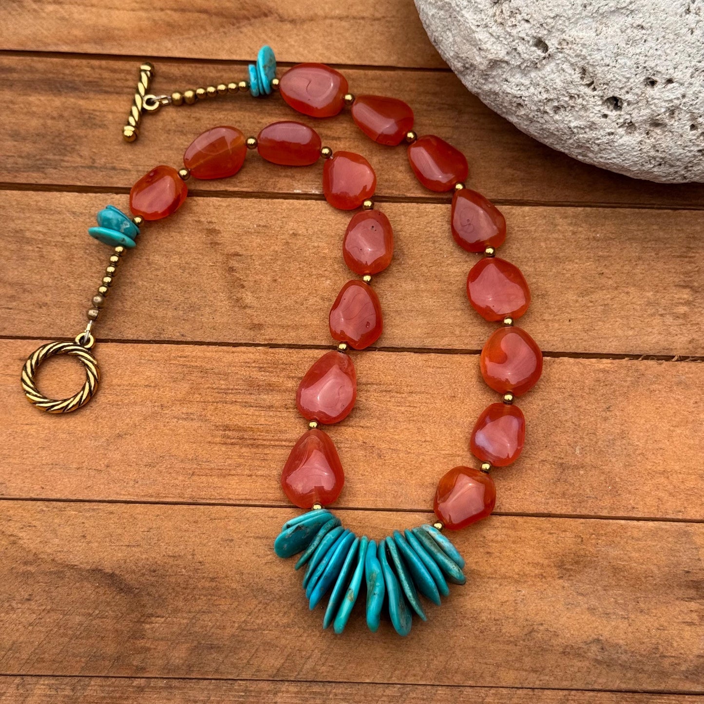 Genuine turquoise cluster and orange chalcedony necklace