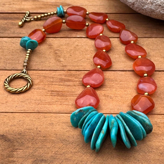 Genuine turquoise cluster and orange chalcedony necklace