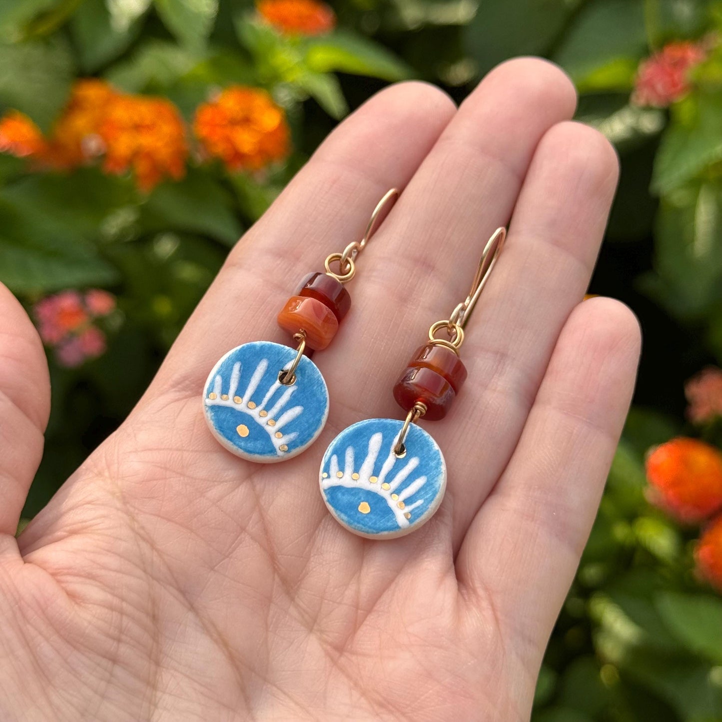 Ceramic & Orange Agate Drop Earrings: Southwestern Style, Gold Filled Hooks