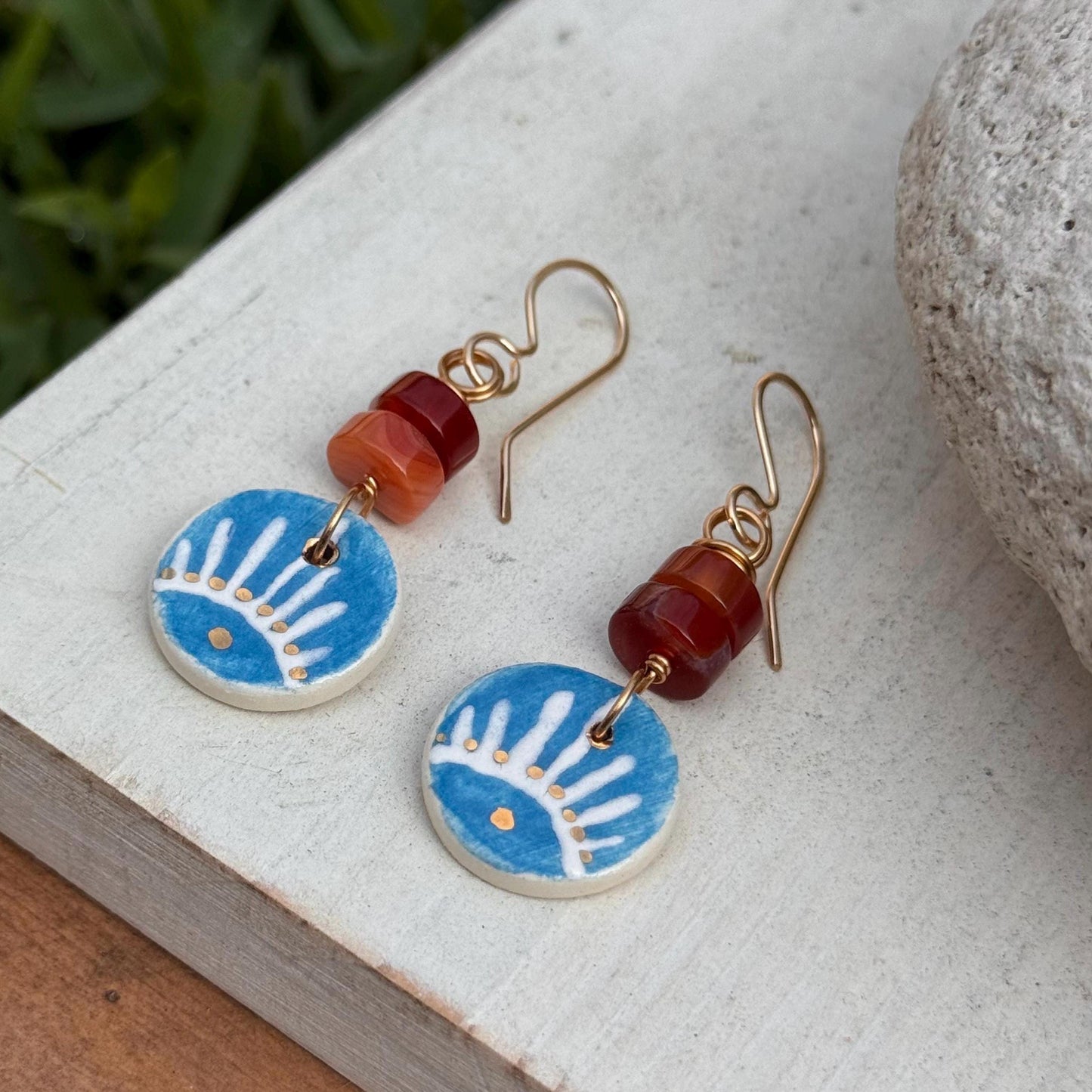 Ceramic & Orange Agate Drop Earrings: Southwestern Style, Gold Filled Hooks