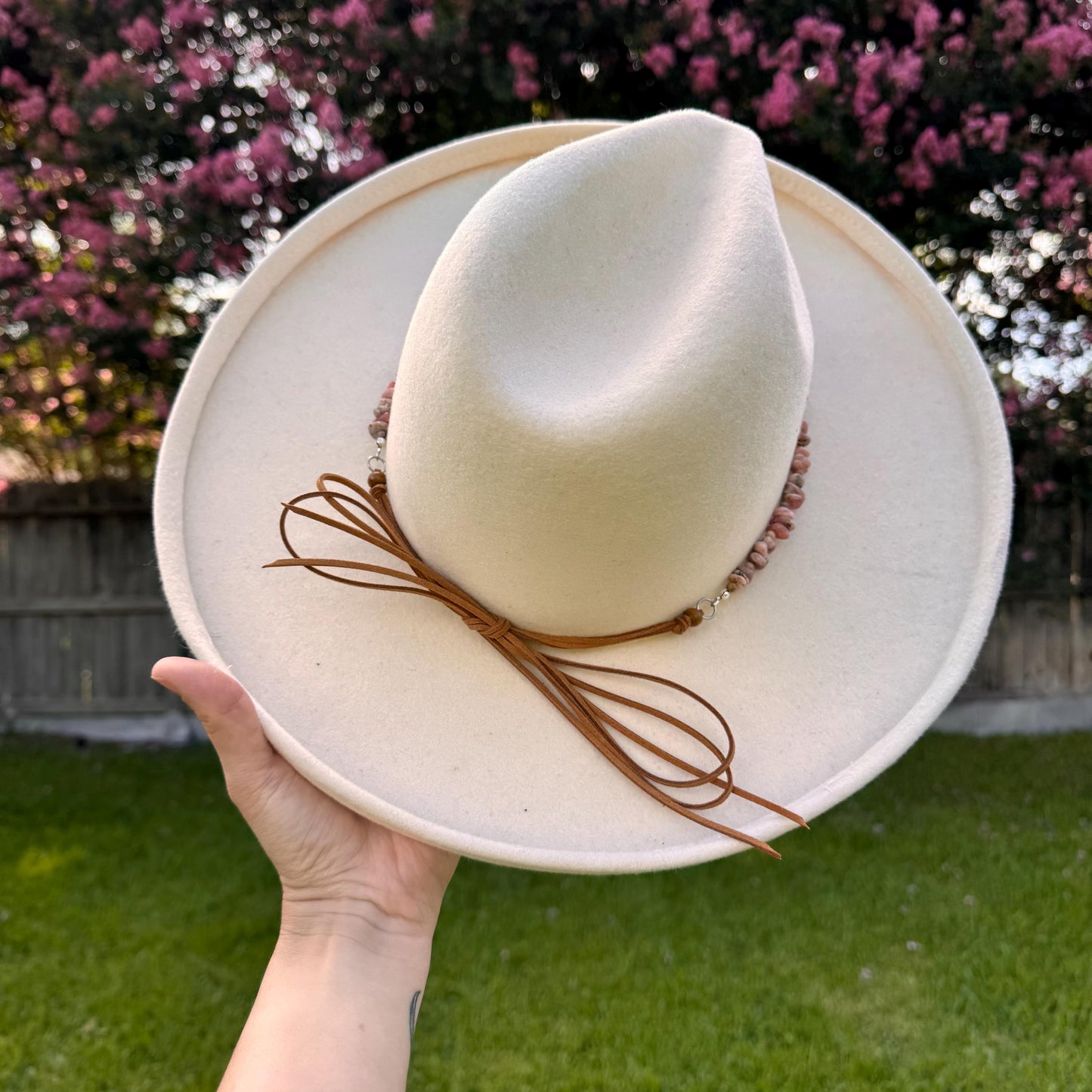 Rhodochrosite & Picture Jasper Hat Band: Vegan Suede Cord