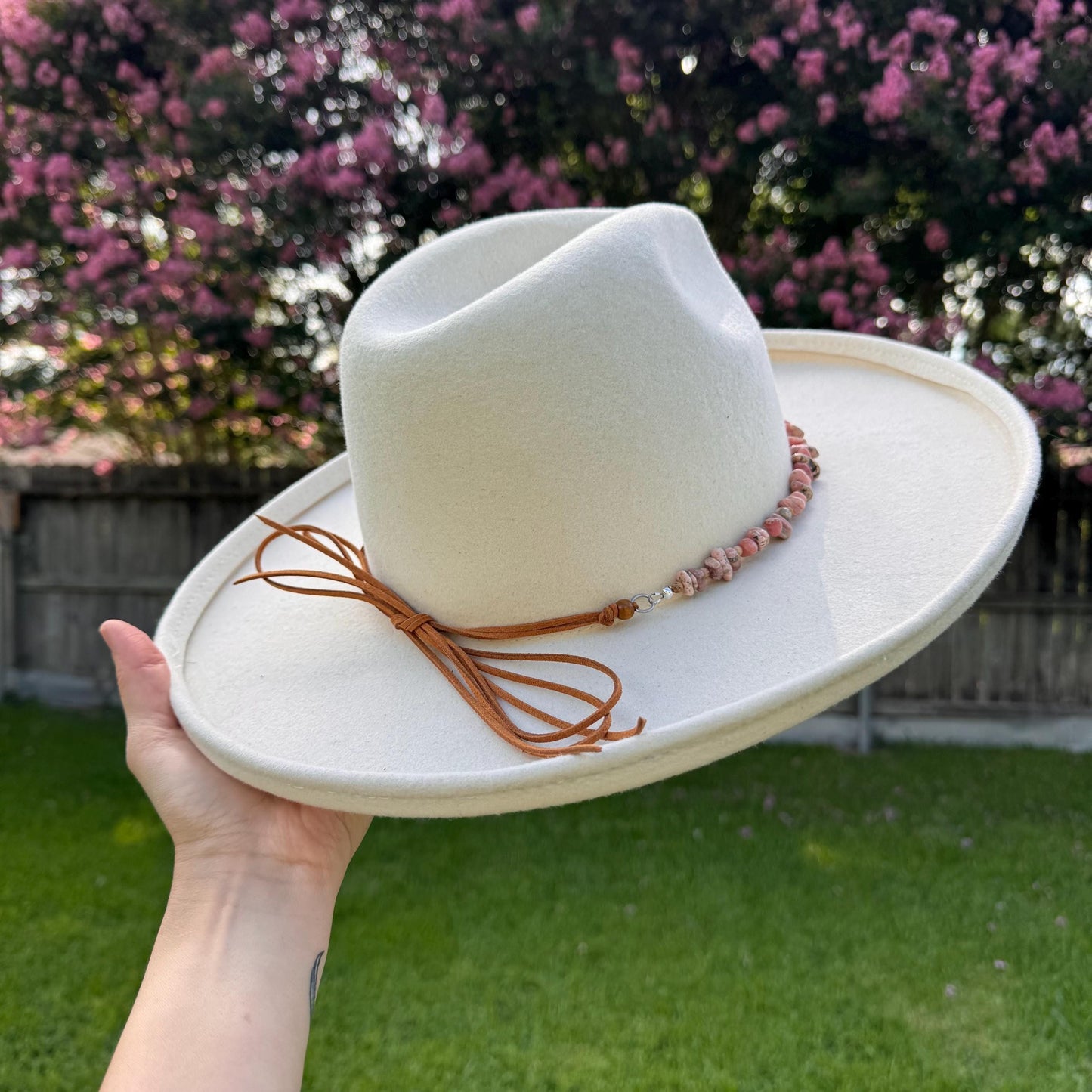 Rhodochrosite & Picture Jasper Hat Band: Vegan Suede Cord