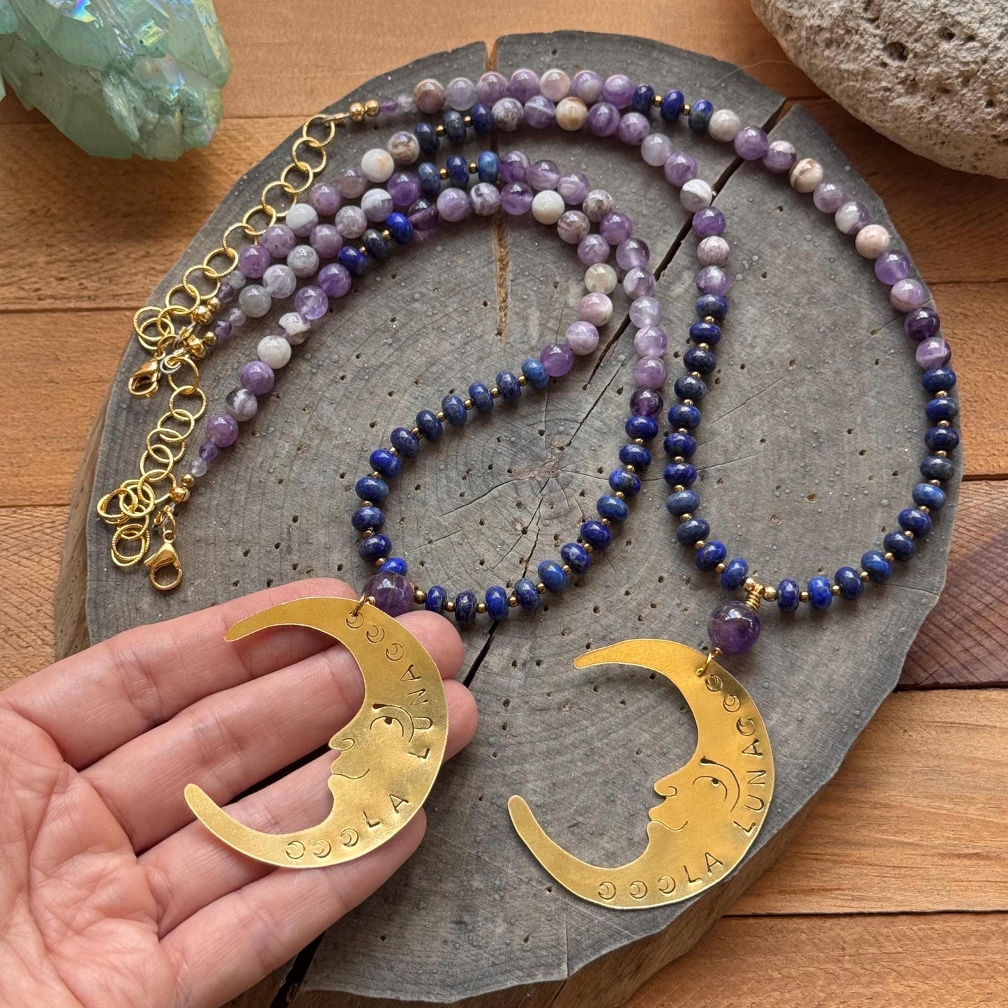 La Luna Amethyst Beaded Necklace: Brass Crescent Moon, Handmade