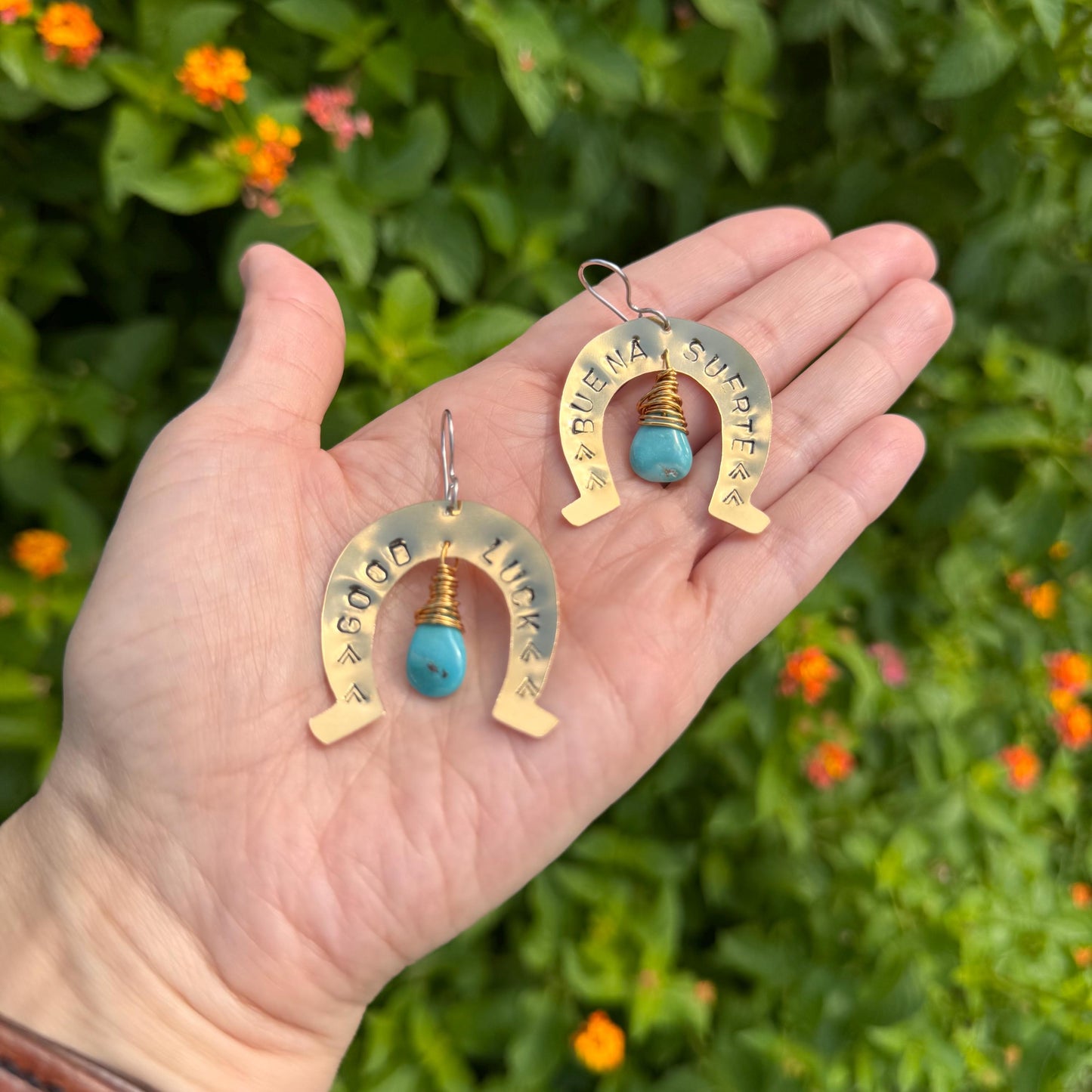 Turquoise Horseshoe Earrings: Hand Stamped Brass, 'Buena Suerte'