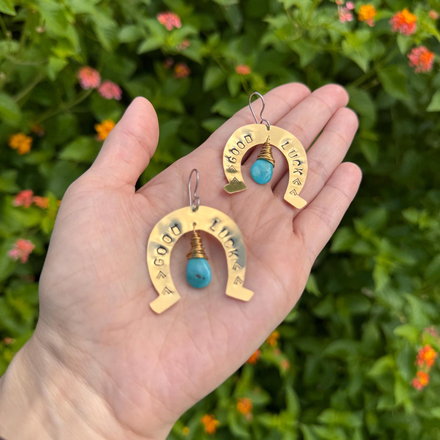 Turquoise Horseshoe Earrings: Hand Stamped Brass, 'Buena Suerte'
